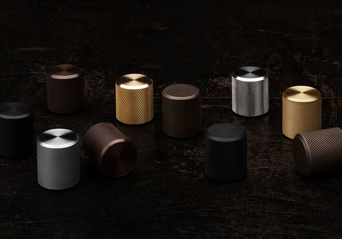 Kor Cabinet Knob in Knurled and Satin texture and in 4 different finishes.