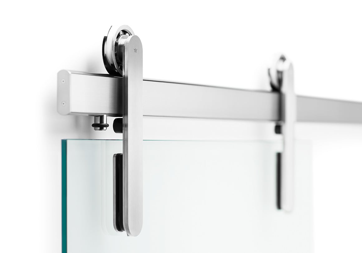 Oden sliding door hardware in Brushed Stainless Glass Mount 
