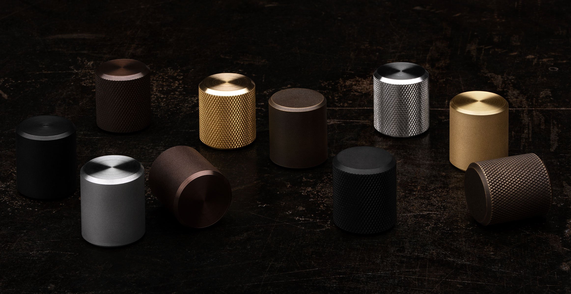 Kor Cabinet Knobs in Black Stainless, Stainless Steel, Oil Rubbed Bronze and Brass